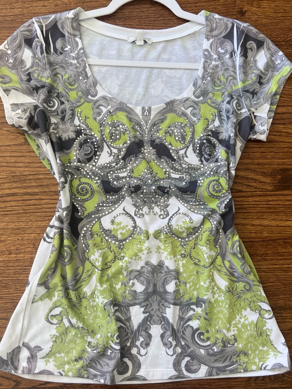 Cache Scoop Neck Short Sleeve Top in Lime Green and Gray Baroque Print